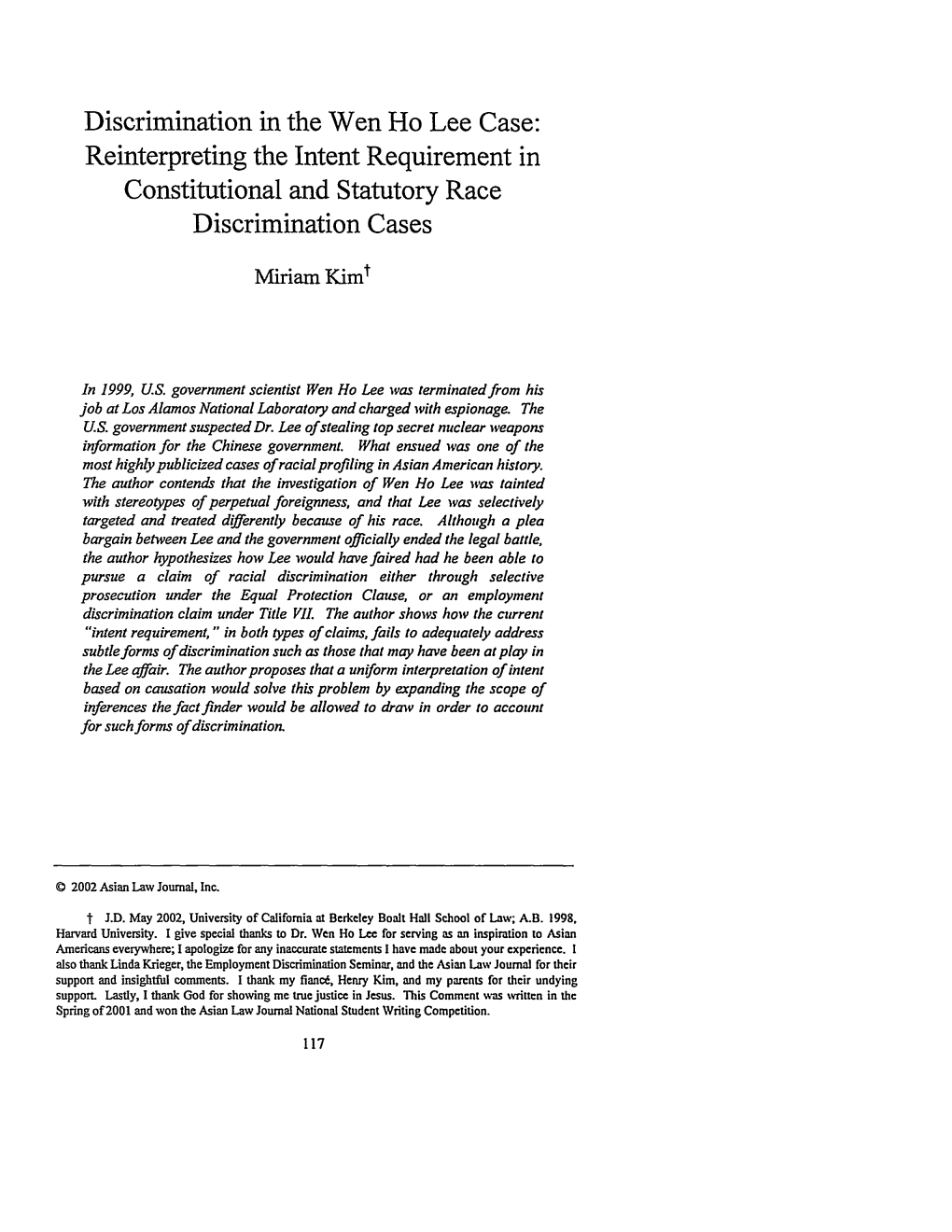 Discrimination in the Wen Ho Lee Case: Reinterpreting the Intent Requirement in Constitutional and Statutory Race Discrimination Cases