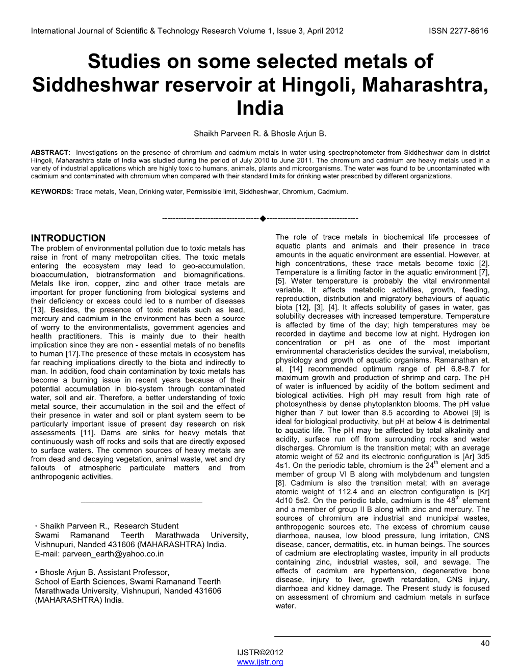 Studies on Some Selected Metals of Siddheshwar Reservoir at Hingoli, Maharashtra, India