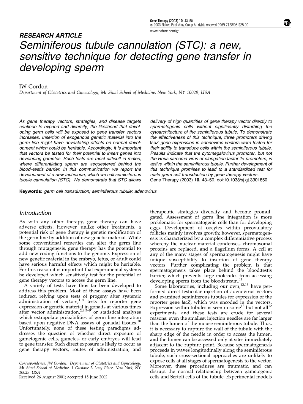 Seminiferous Tubule Cannulation (STC): a New, Sensitive Technique for Detecting Gene Transfer in Developing Sperm
