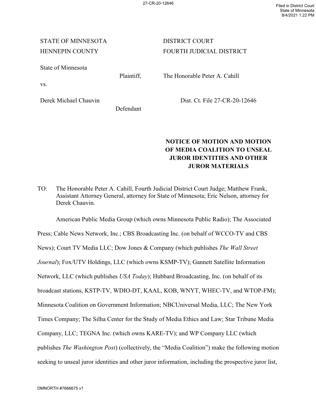 Notice of Motion and Motion of Media Coalition to Unseal Juror Identities and Other Juror Materials