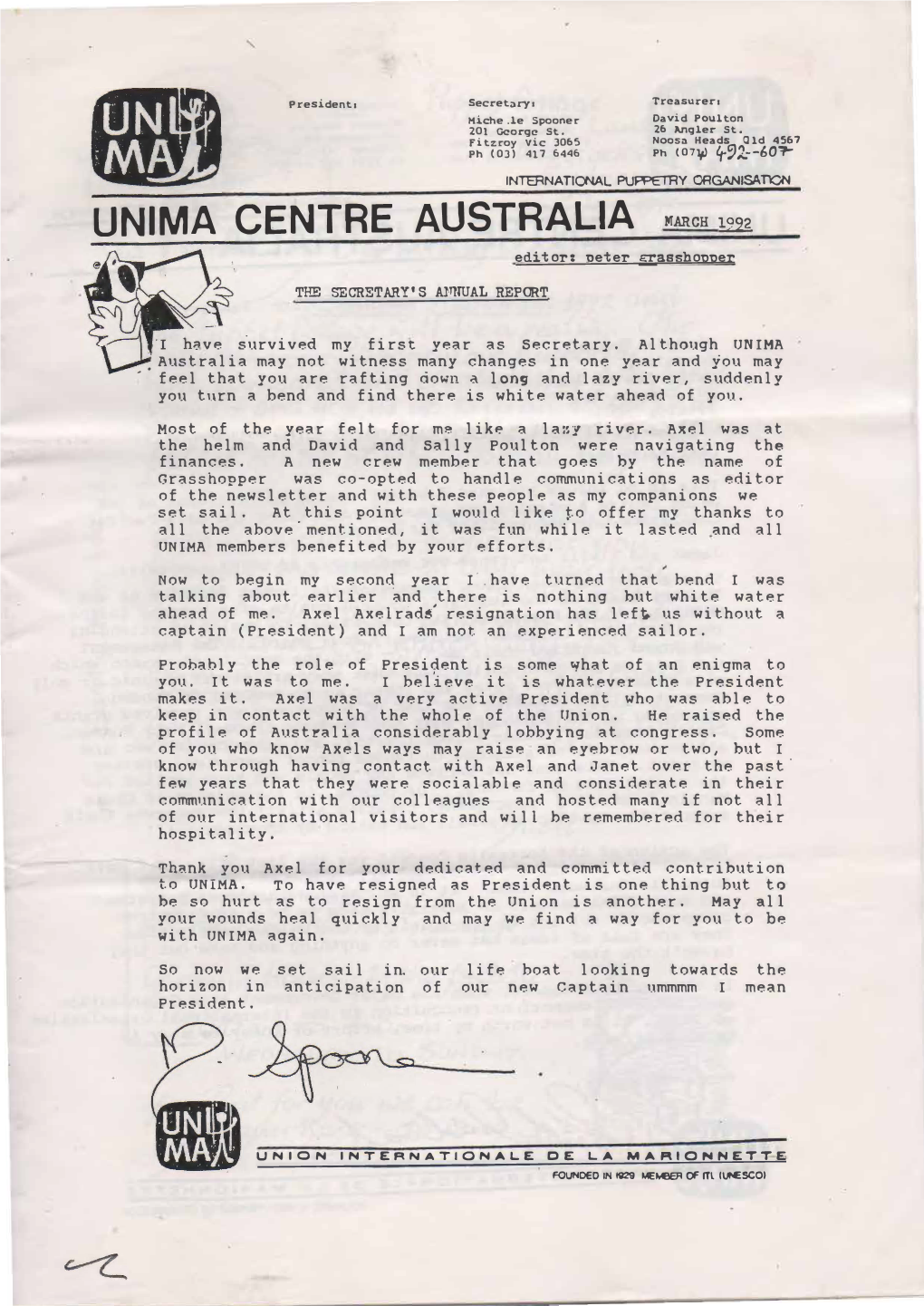 UNIMA CENTRE AUSTRALIA MARCH 1992 Editor: Neter Grasshouuer