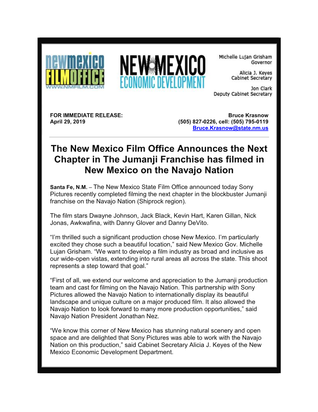 The New Mexico Film Office Announces the Next Chapter in the Jumanji Franchise Has Filmed in New Mexico on the Navajo Nation