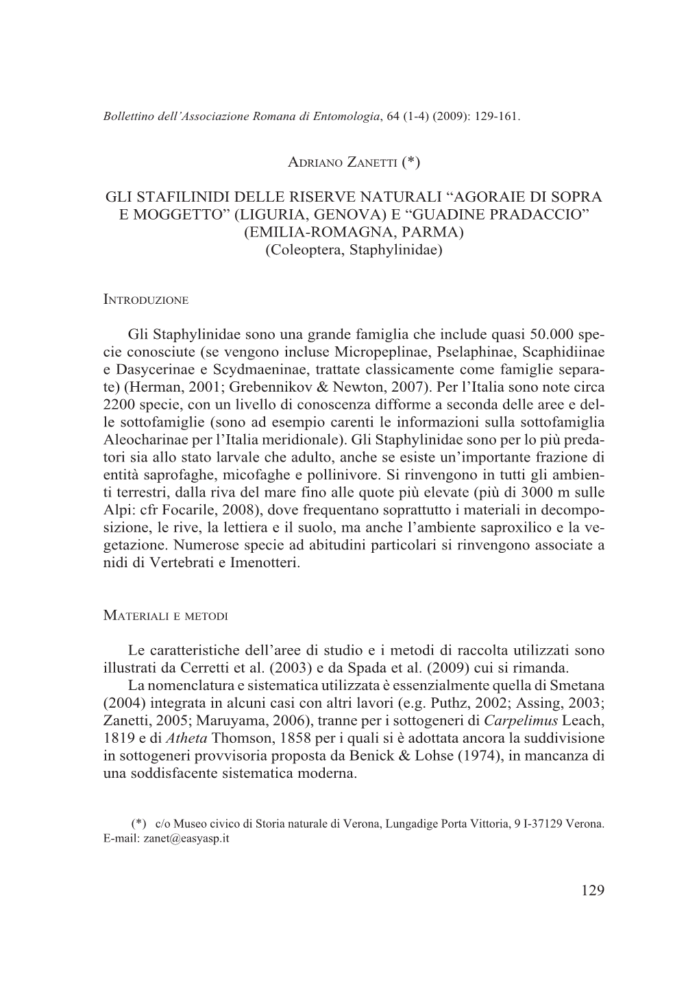 129 Gli Stafilinidi Delle Riserve Naturali “Agoraie Di