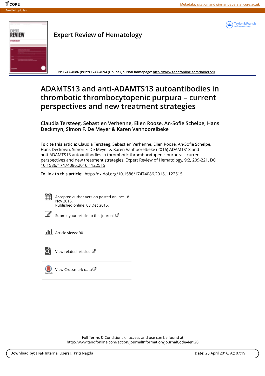 ADAMTS13 and Anti-ADAMTS13 Autoantibodies in Thrombotic Thrombocytopenic Purpura – Current Perspectives and New Treatment Strategies