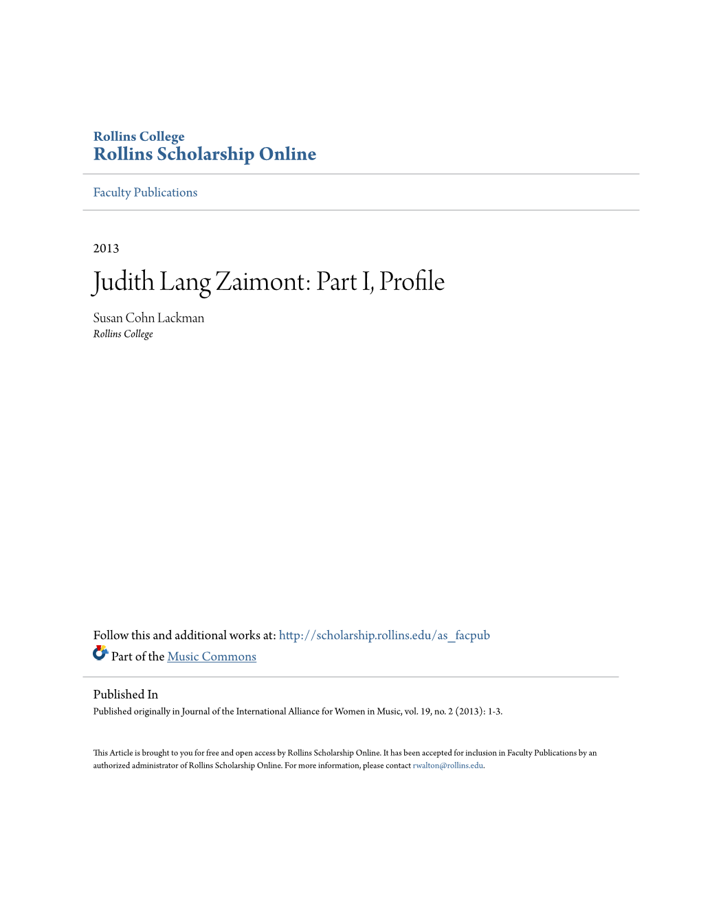 Judith Lang Zaimont: Part I, Profile Susan Cohn Lackman Rollins College