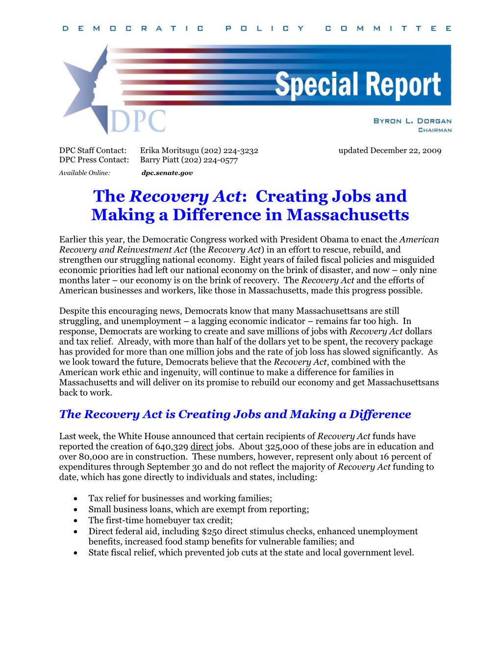 The Recovery Act: Creating Jobs and Making a Difference in Massachusetts