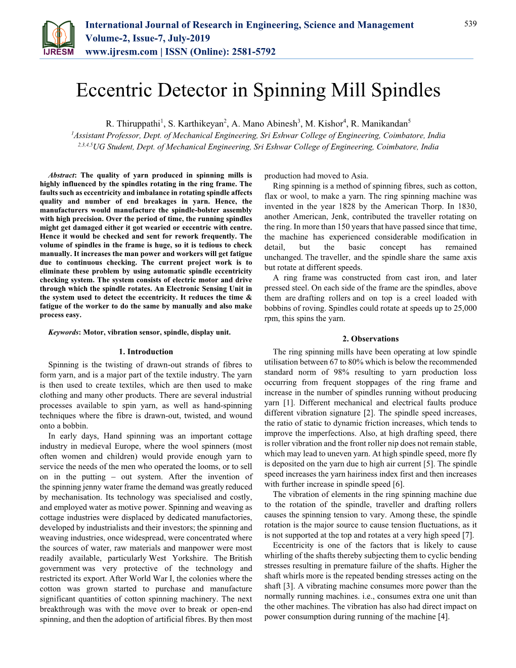 Eccentric Detector in Spinning Mill Spindles