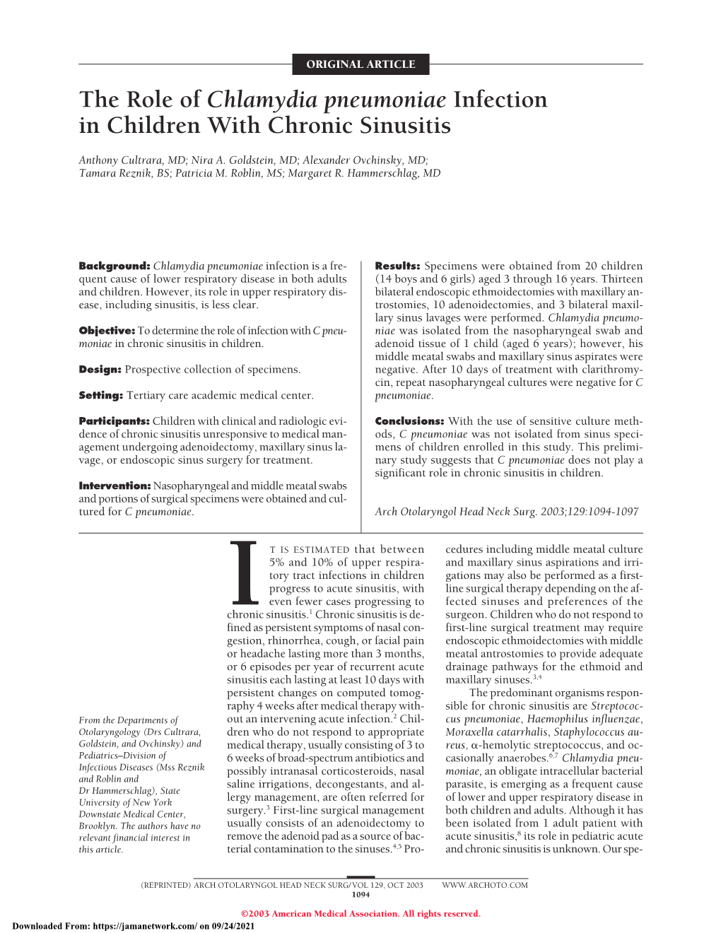 The Role of Chlamydia Pneumoniae Infection in Children with Chronic Sinusitis