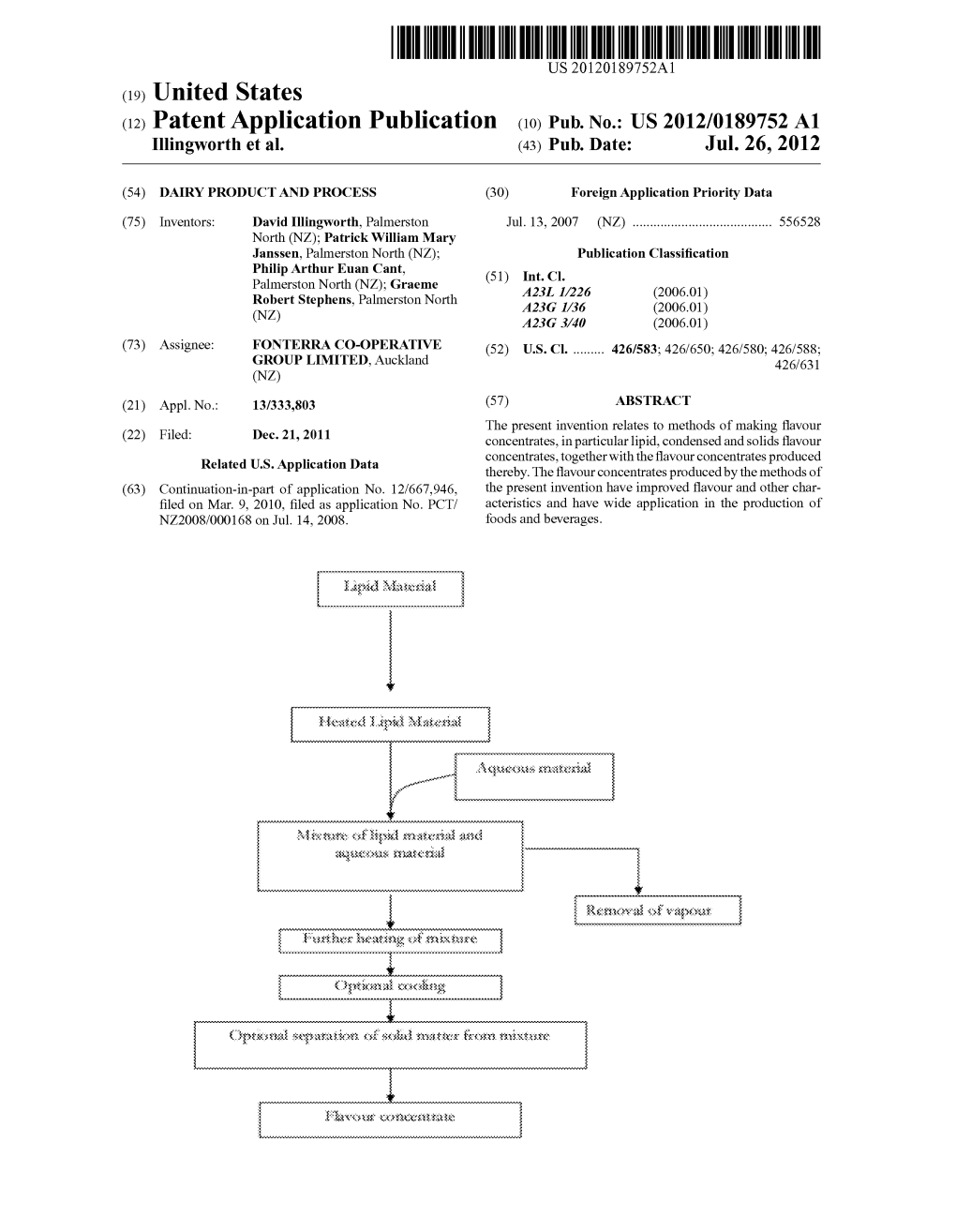 (12) Patent Application Publication (10) Pub. No.: US 2012/0189752 A1 Illingworth Et Al