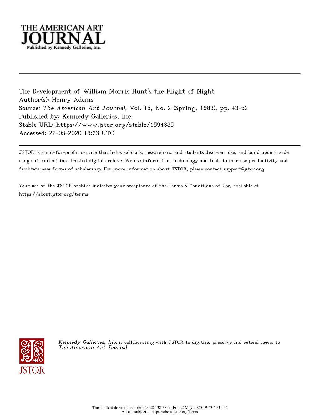 The Development of William Morris Hunt's the Flight of Night Author(S): Henry Adams Source: the American Art Journal, Vol