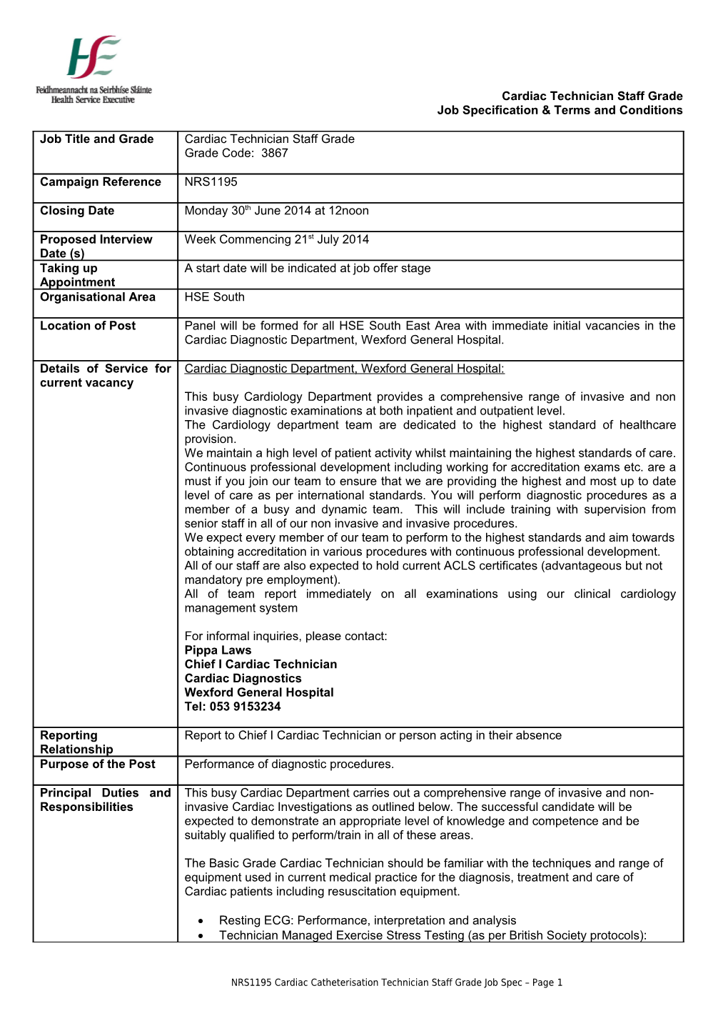 Cardiac Catheterisation Technician Staff Grade