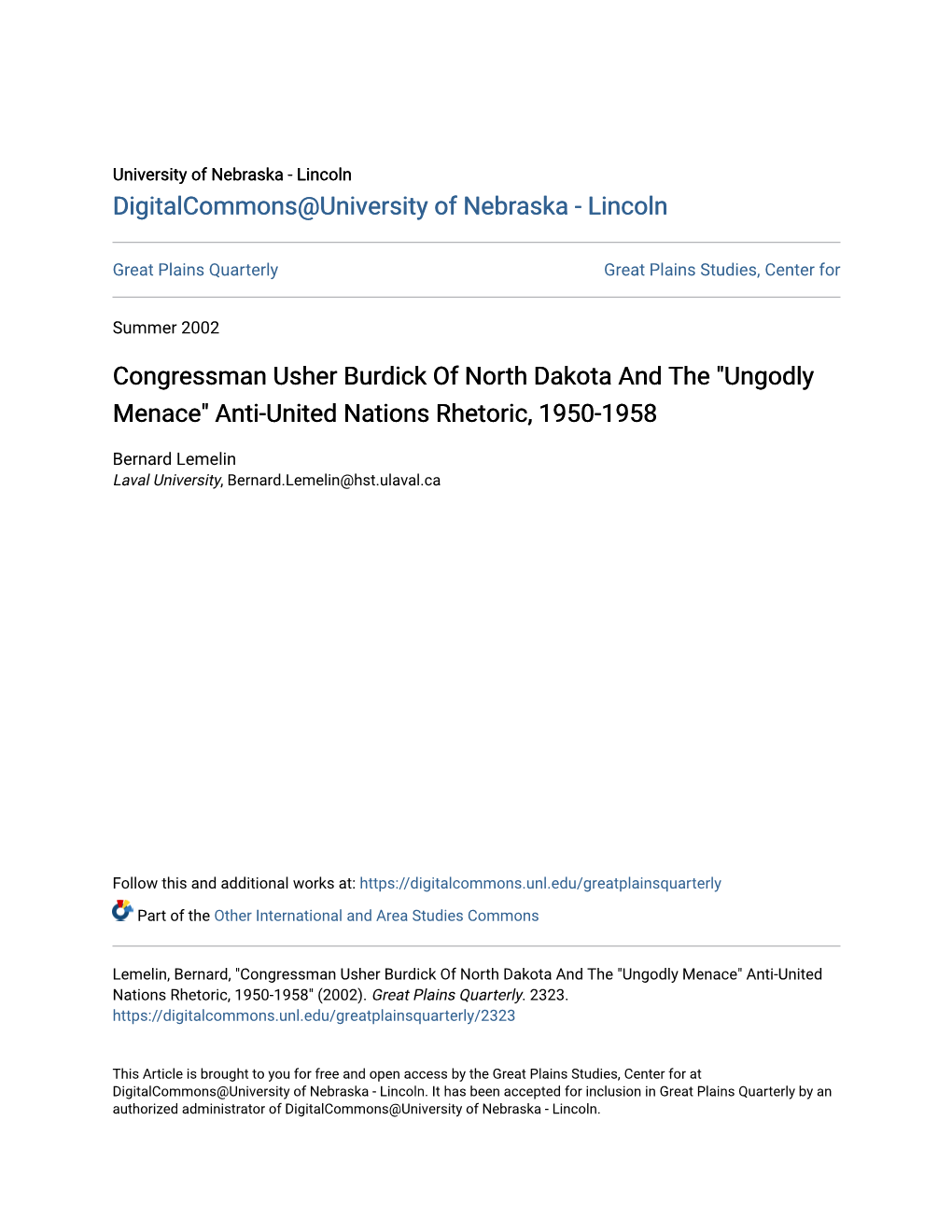 Congressman Usher Burdick of North Dakota and the "Ungodly Menace" Anti-United Nations Rhetoric, 1950-1958