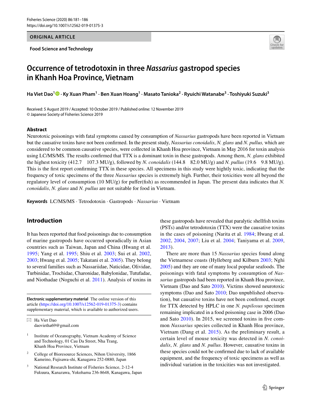 Occurrence of Tetrodotoxin in Three Nassarius Gastropod Species in Khanh Hoa Province, Vietnam