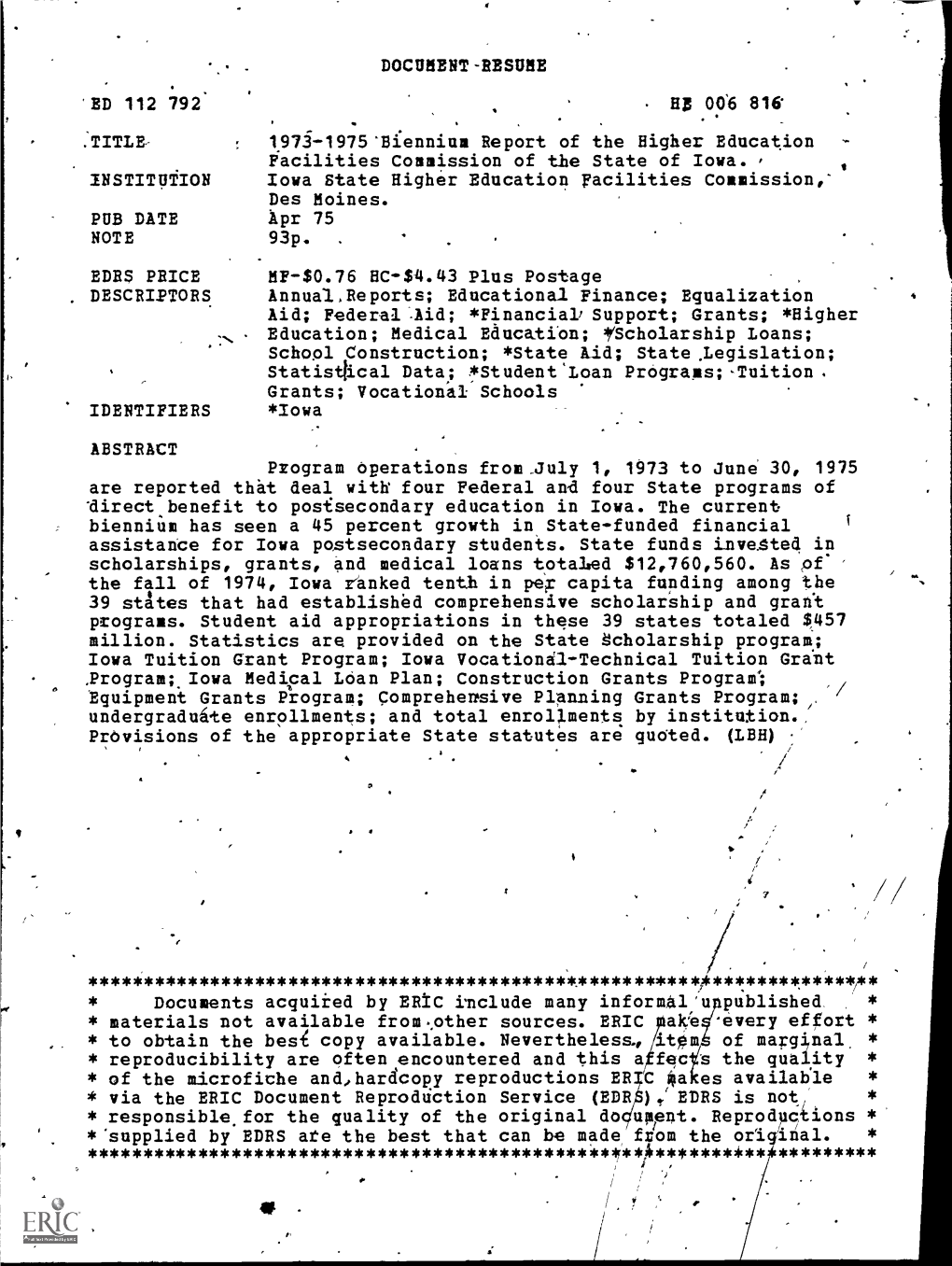 DOCUMENT-RESUME Ha 00'6 81 1973-1975 'Bi:Ennium Report of The