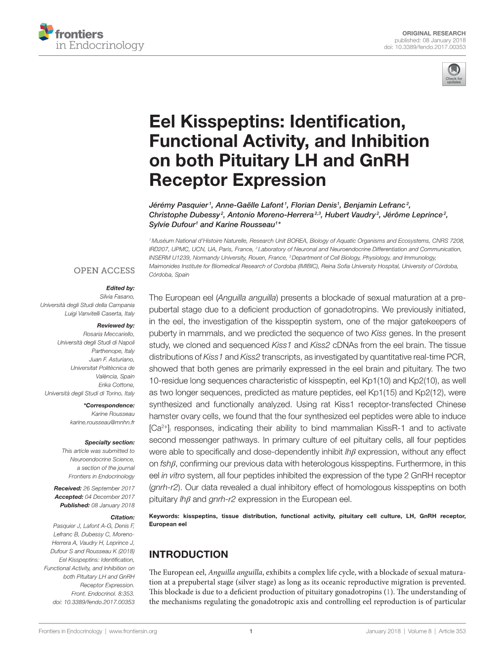 Eel Kisspeptins: Identification, Functional Activity, and Inhibition on Both Pituitary Lh and Gnrh Receptor Expression