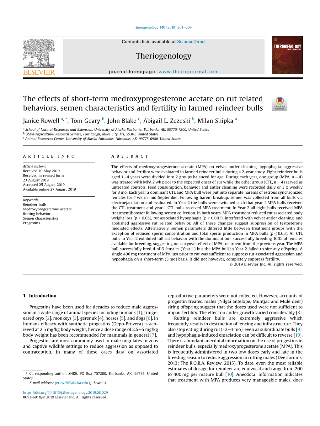 The Effects of Short-Term Medroxyprogesterone Acetate on Rut Related Behaviors, Semen Characteristics and Fertility in Farmed Reindeer Bulls