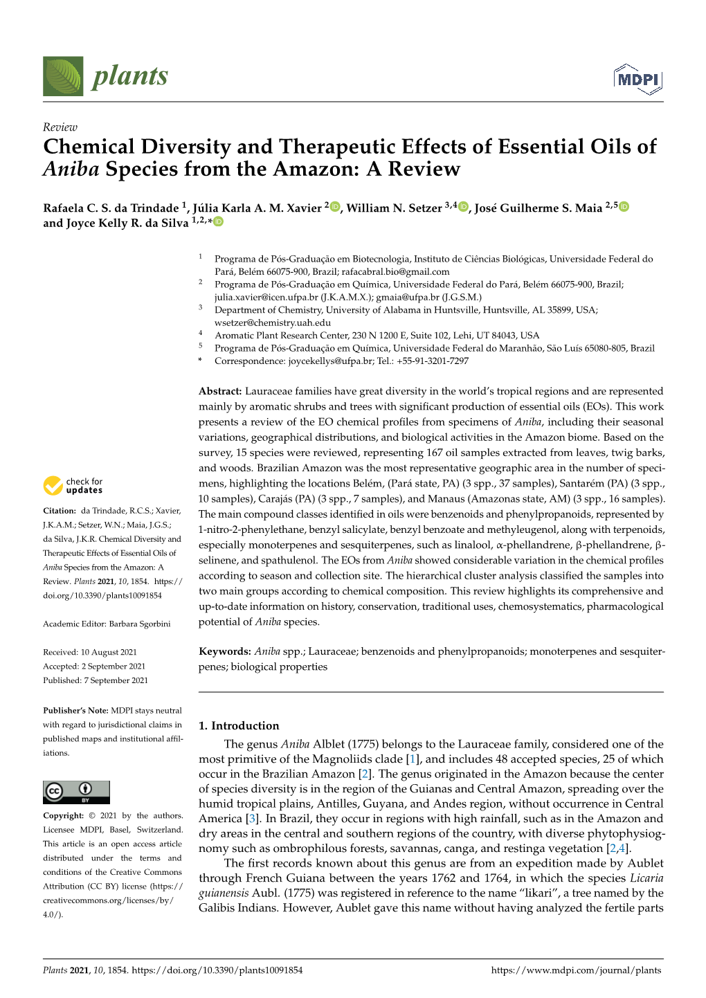 Chemical Diversity and Therapeutic Effects of Essential Oils of Aniba Species from the Amazon: a Review