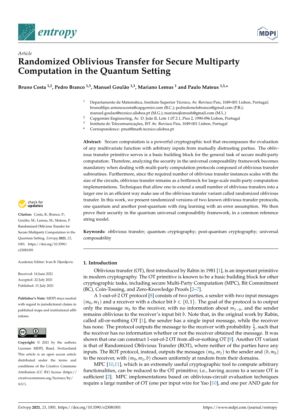 Randomized Oblivious Transfer for Secure Multiparty Computation in the Quantum Setting