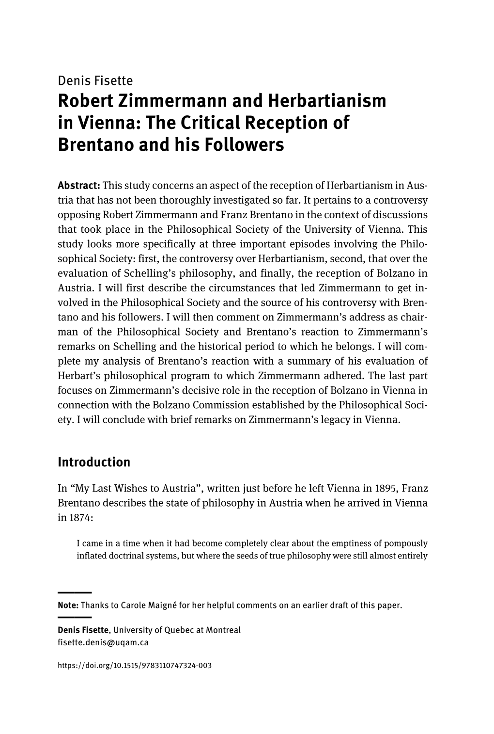 Robert Zimmermann and Herbartianism in Vienna: the Critical Reception of Brentano and His Followers