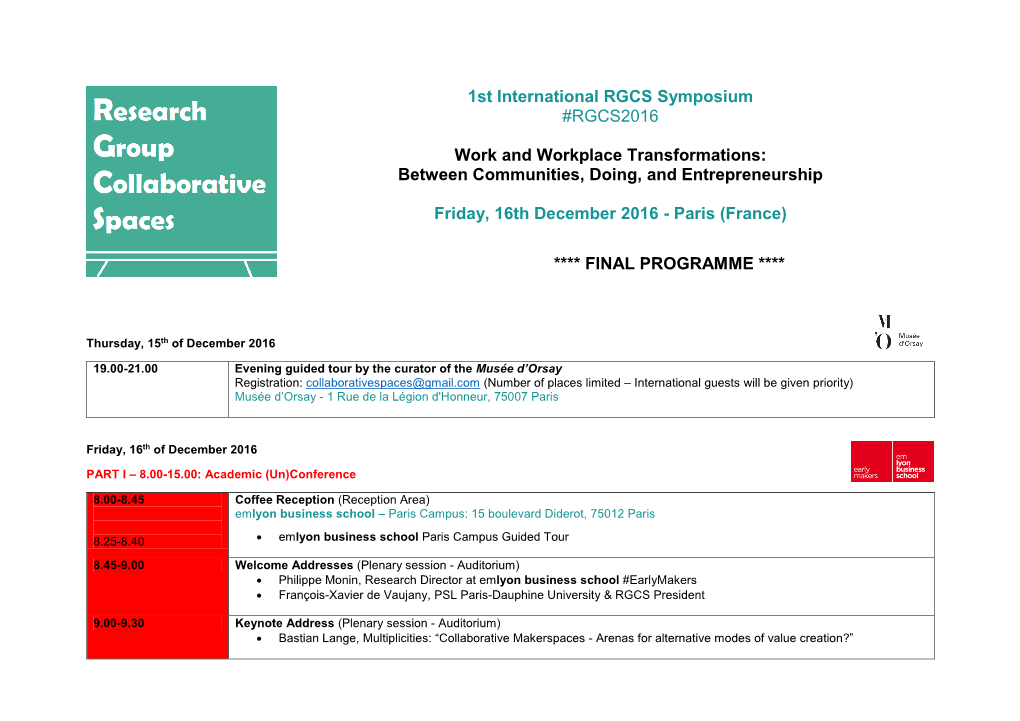 1St International RGCS Symposium #RGCS2016 Work and Workplace