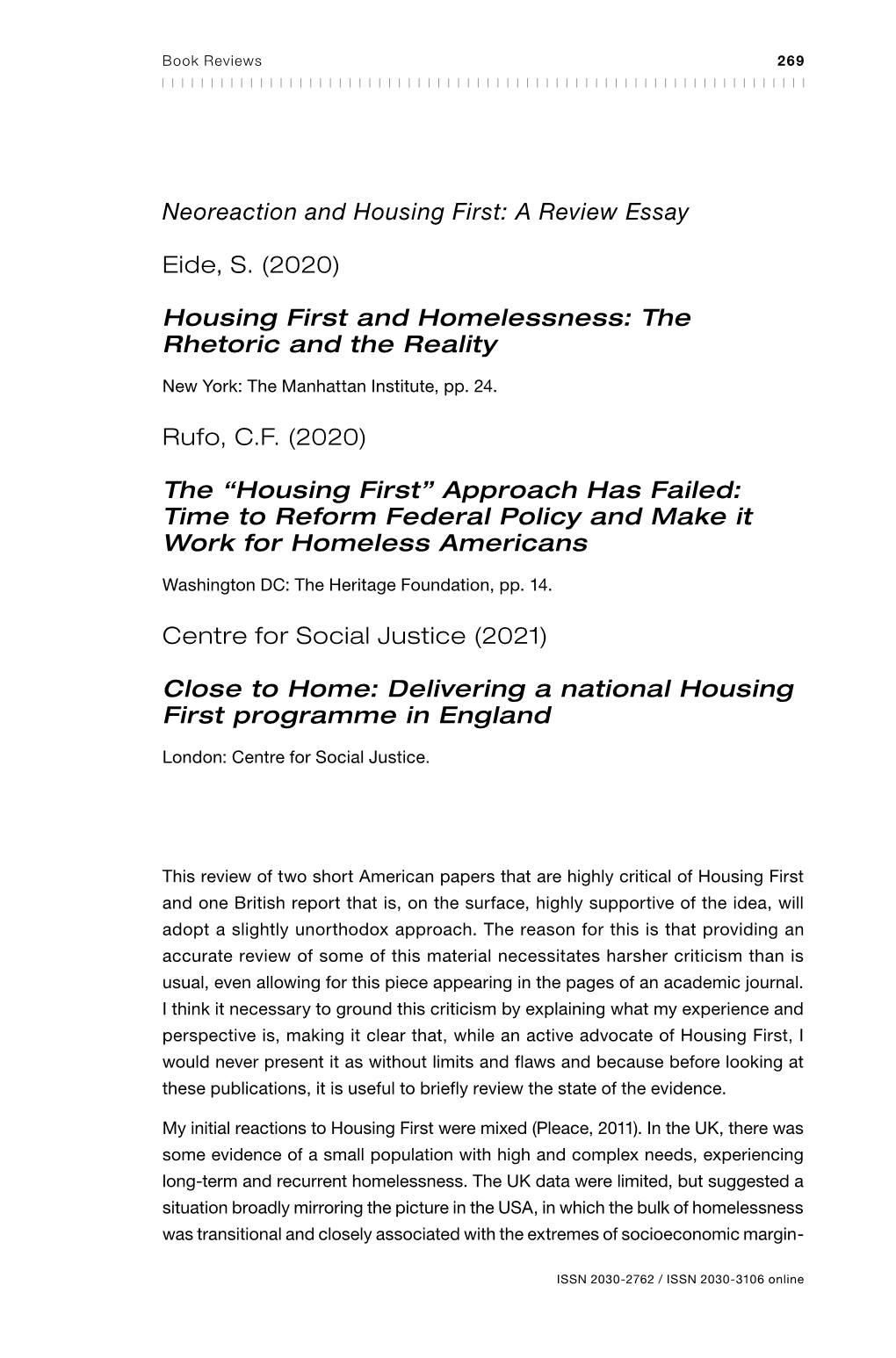 Neoreaction and Housing First: a Review Essay Eide, S