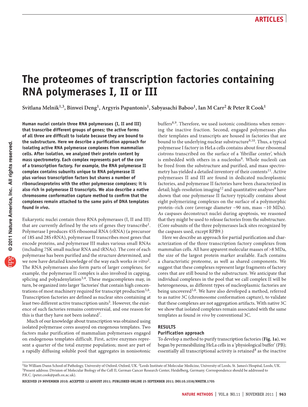 The Proteomes of Transcription Factories Containing RNA Polymerases I, II Or III