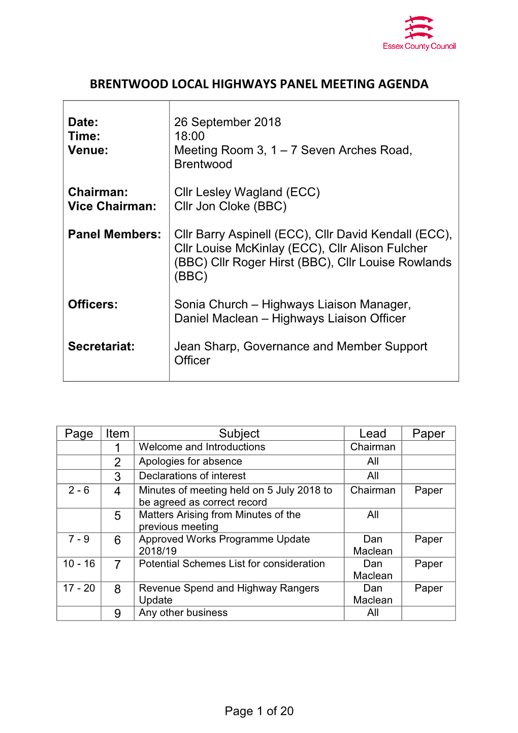 Brentwood Local Highways Panel Meeting Agenda