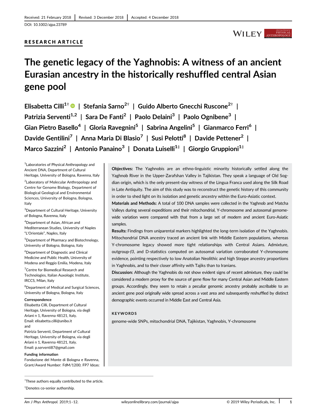 The Genetic Legacy of the Yaghnobis: a Witness of an Ancient Eurasian Ancestry in the Historically Reshuffled Central Asian Gene Pool