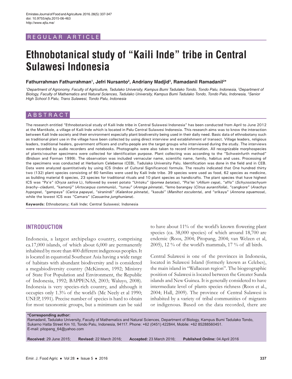 Ethnobotanical Study of “Kaili Inde” Tribe in Central Sulawesi Indonesia
