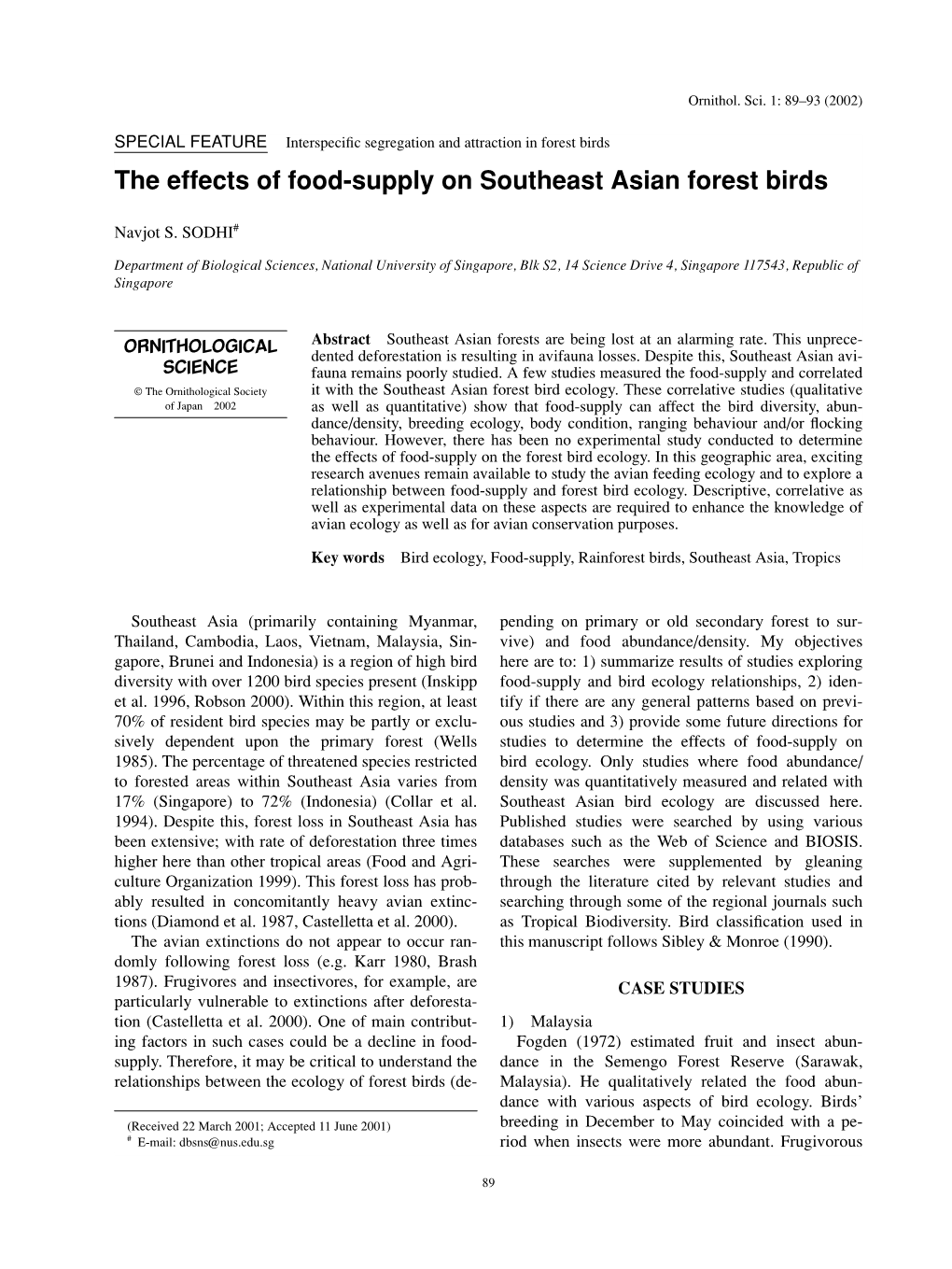 The Effects of Food-Supply on Southeast Asian Forest Birds