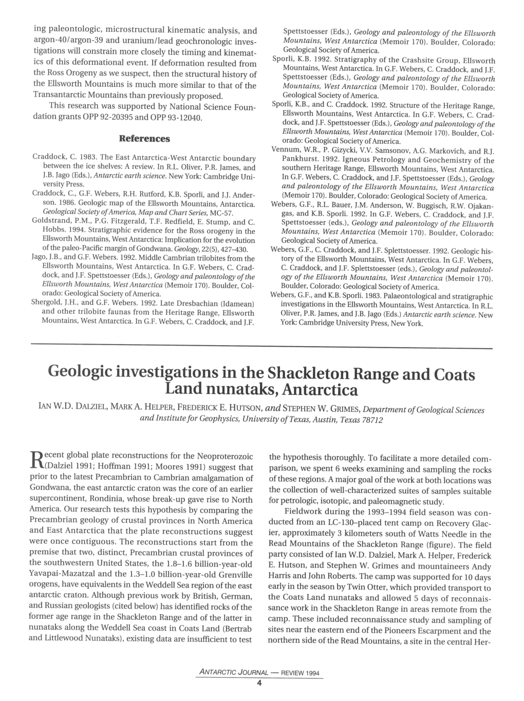 Geologic Investigations in the Shackleton Range and Coats Land Nunataks, Antarctica IAN W.D