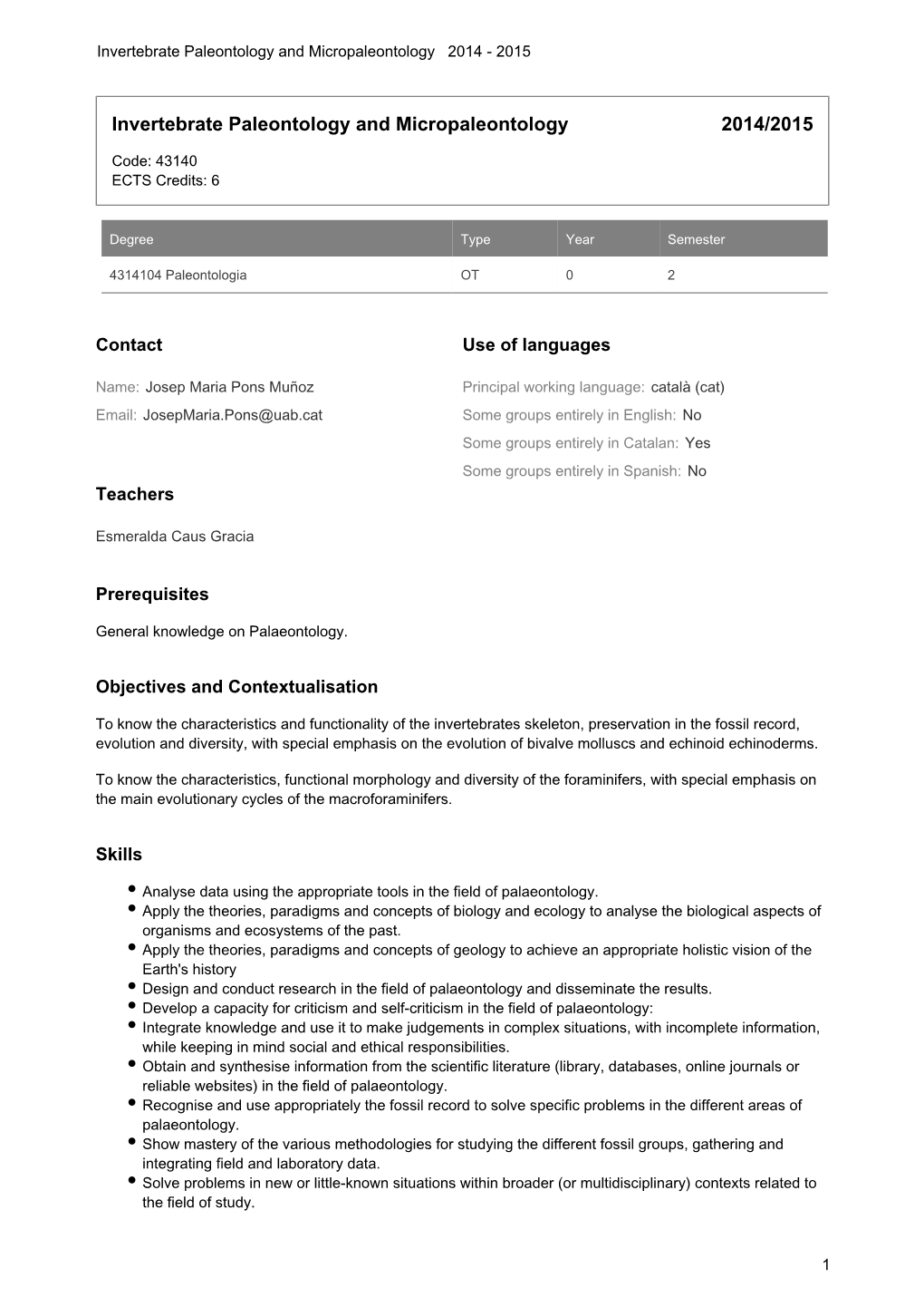 Invertebrate Paleontology and Micropaleontology 2014 - 2015