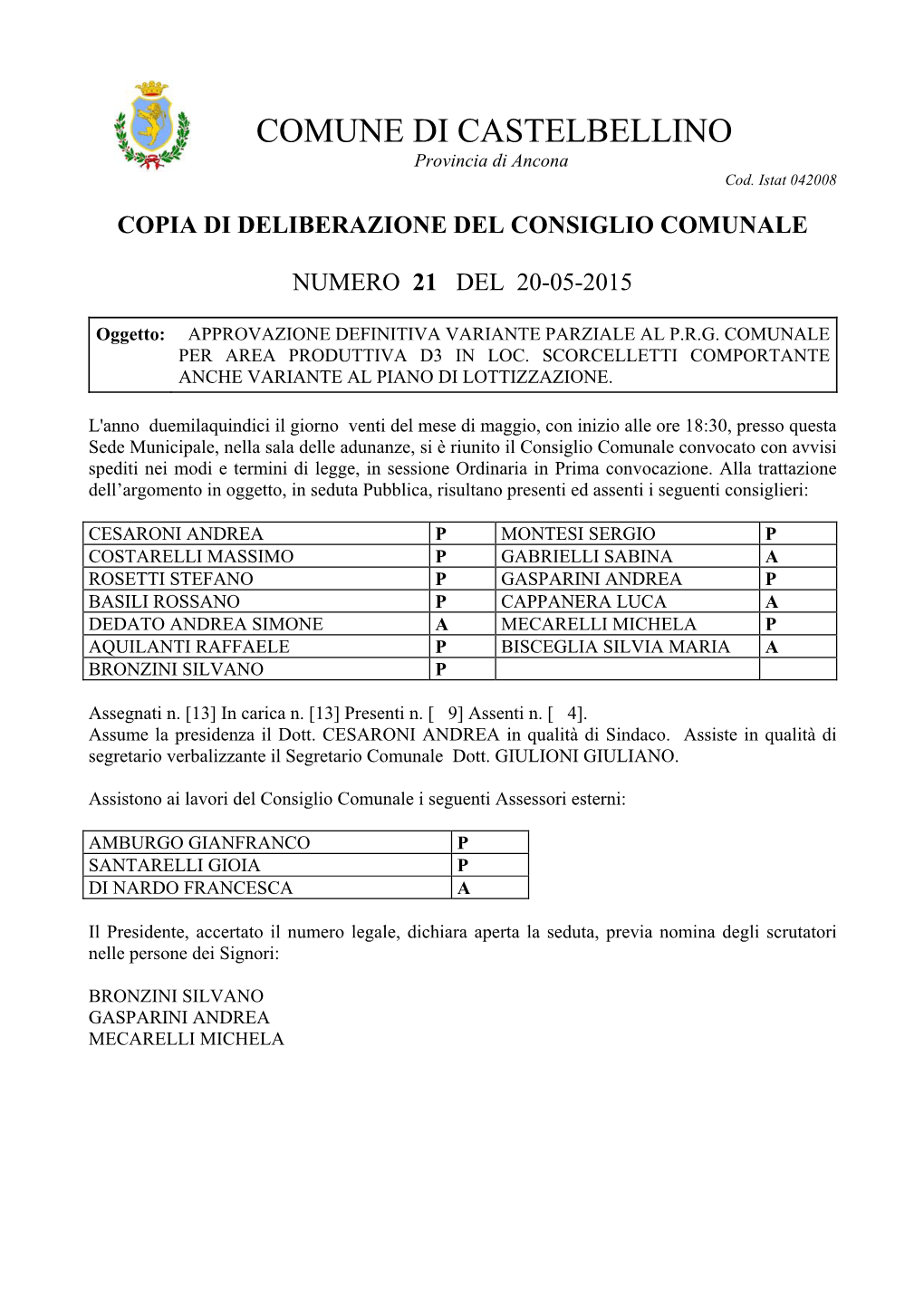 COMUNE DI CASTELBELLINO Provincia Di Ancona Cod