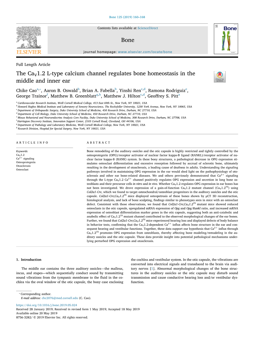 The Cav1.2 L-Type Calcium Channel Regulates Bone Homeostasis in the Middle and Inner Ear T ⁎ Chike Caoa, , Aaron B