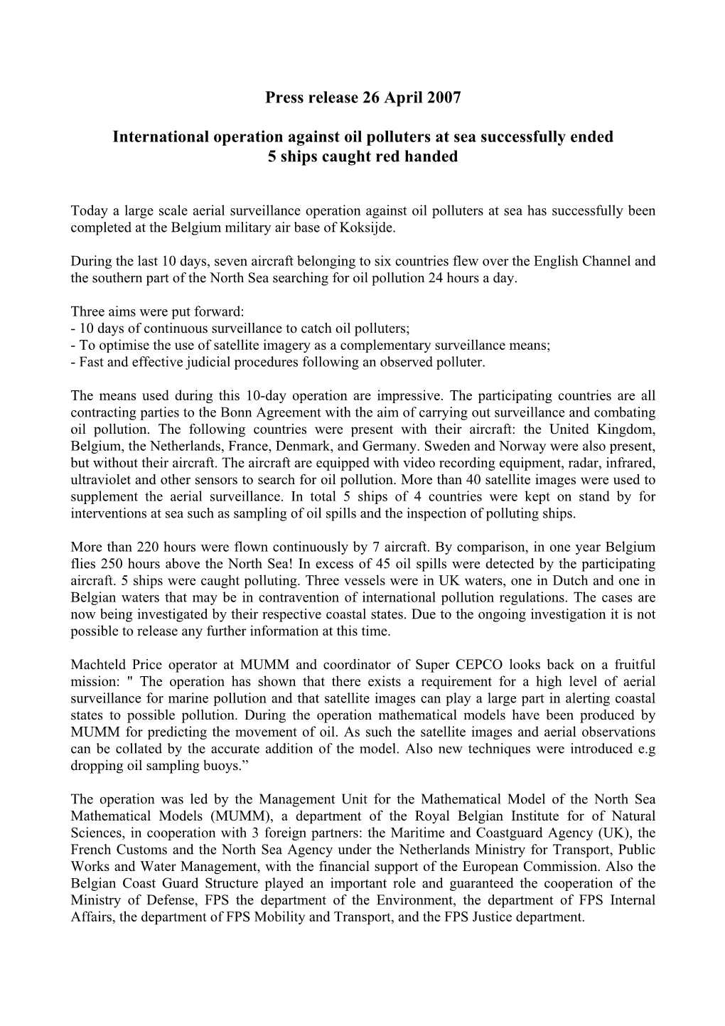 Press Release 26 April 2007