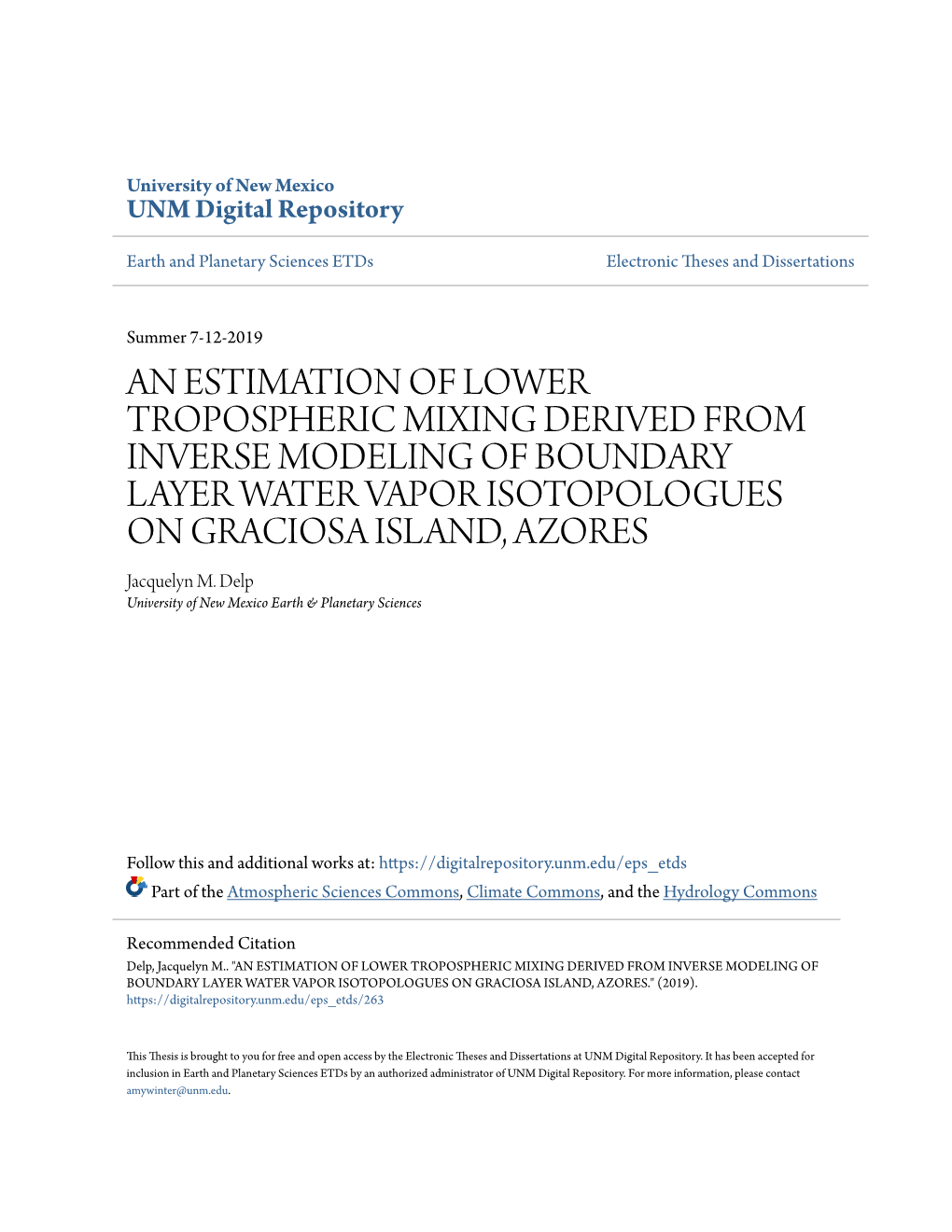 AN ESTIMATION of LOWER TROPOSPHERIC MIXING DERIVED from INVERSE MODELING of BOUNDARY LAYER WATER VAPOR ISOTOPOLOGUES on GRACIOSA ISLAND, AZORES Jacquelyn M