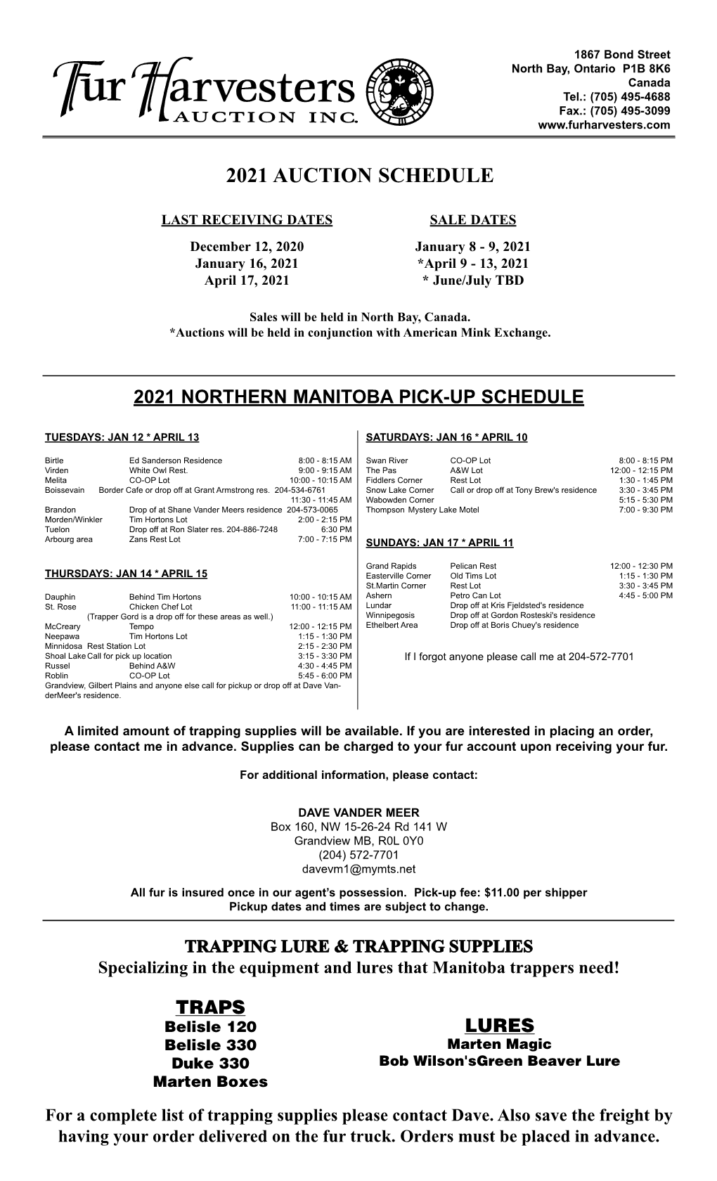 Manitoba Pick-Up Schedule