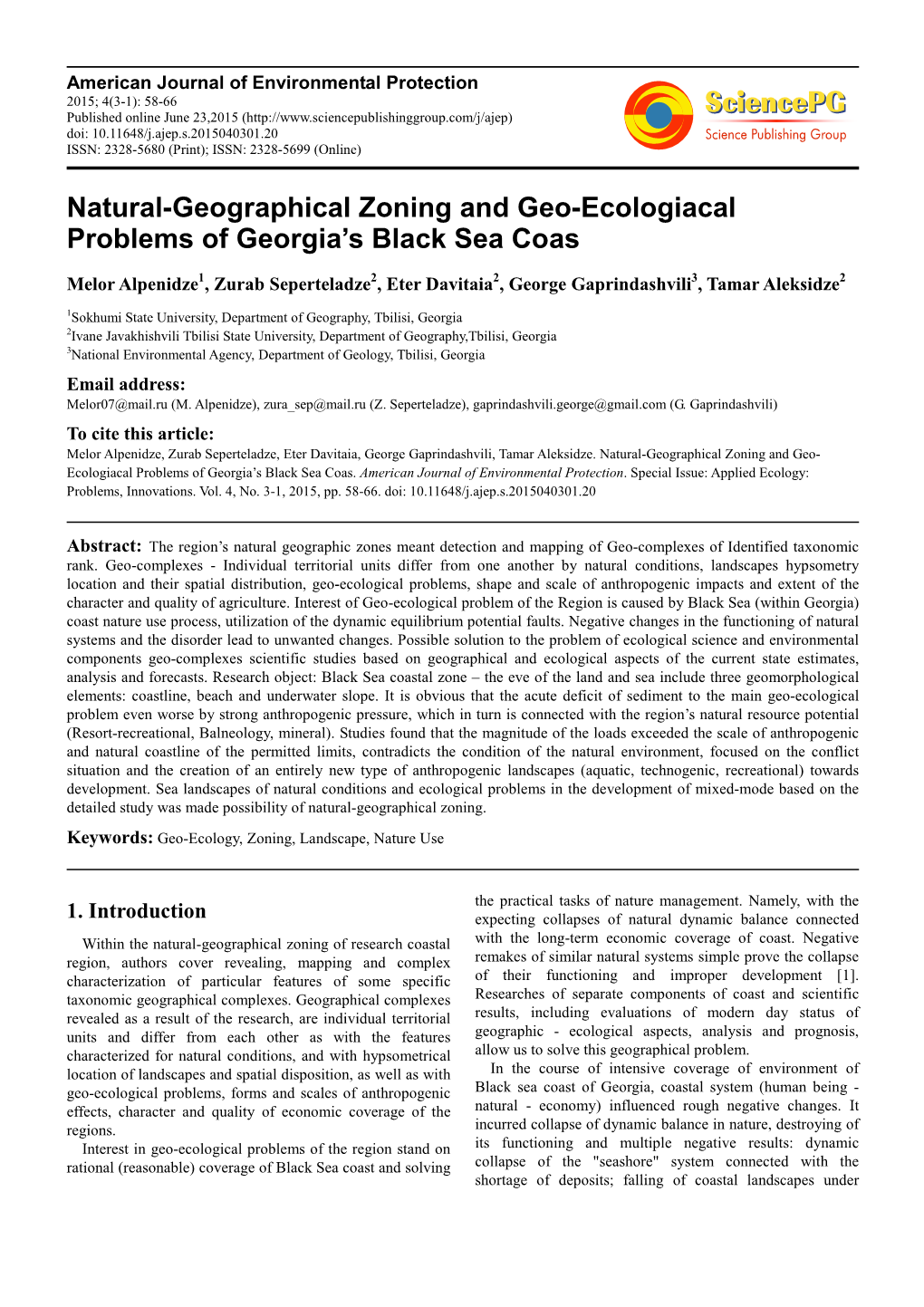 Natural-Geographical Zoning and Geo-Ecologiacal Problems of Georgia's