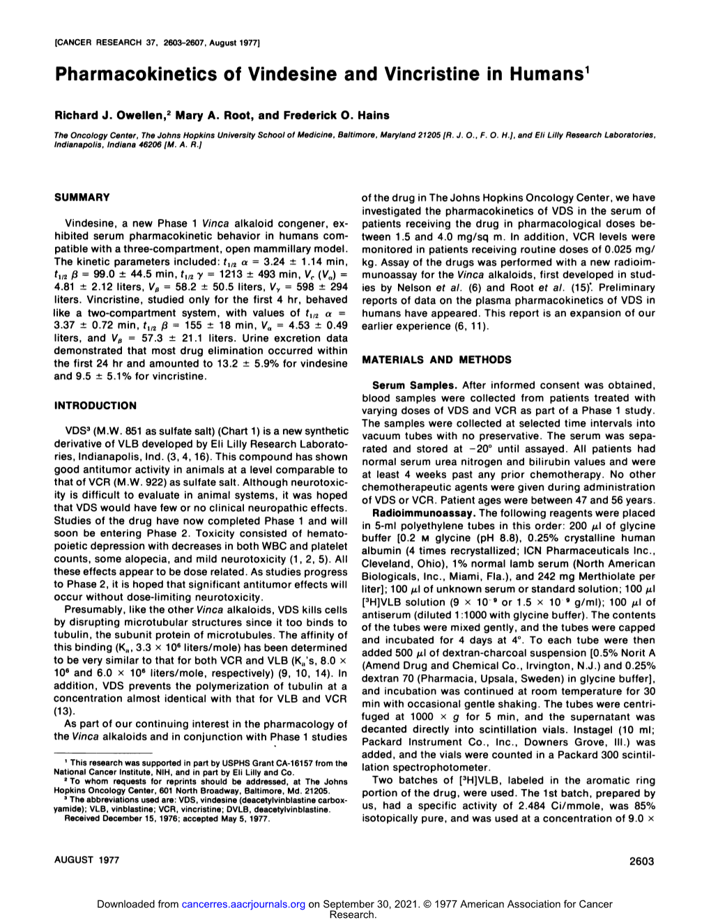 Pharmacokinetics of Vindesine and Vincristine in Humans1