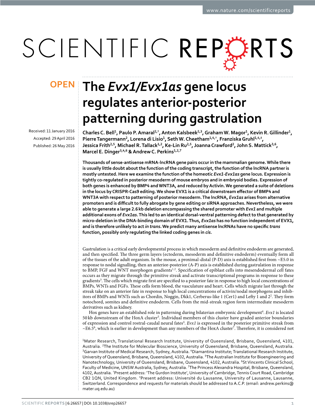 The Evx1/Evx1as Gene Locus Regulates Anterior-Posterior Patterning During Gastrulation Received: 11 January 2016 Charles C