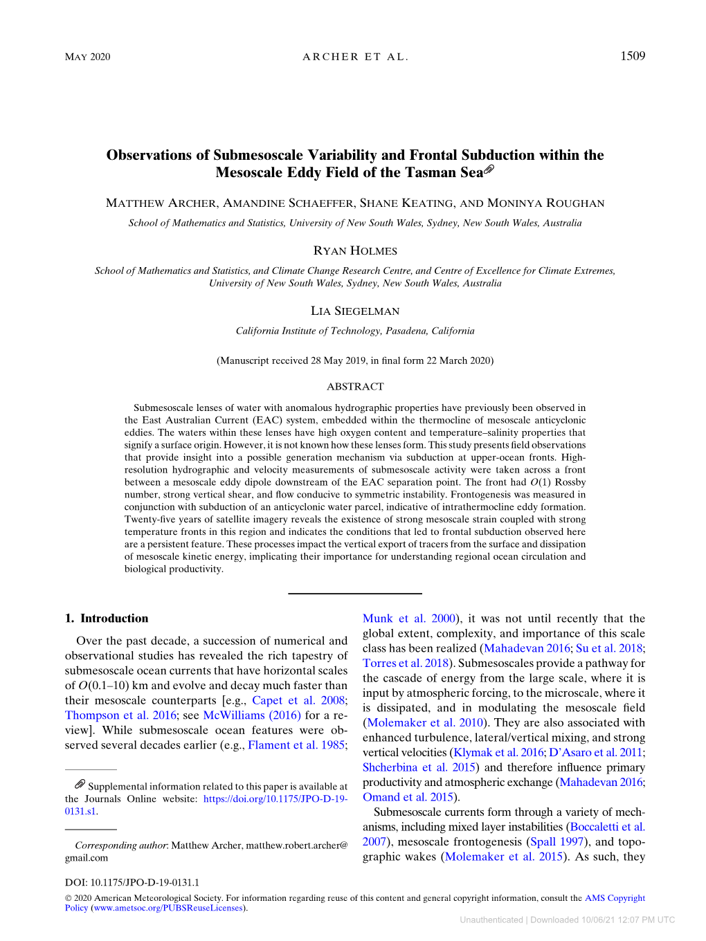 Observations of Submesoscale Variability and Frontal Subduction Within the Mesoscale Eddy Field of the Tasman Sea