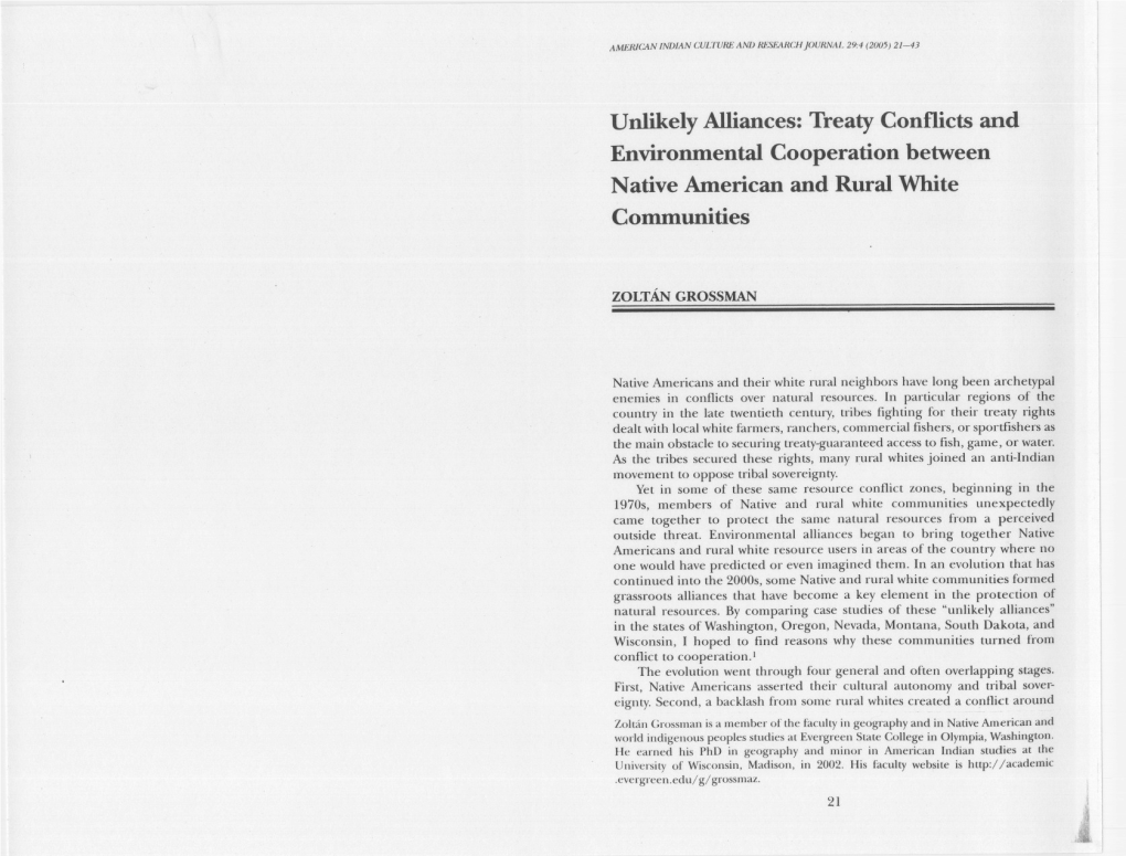 Unlikely Alliances: Treaty Confficts and Environmental Cooperation Between Native American and Rural White Communities