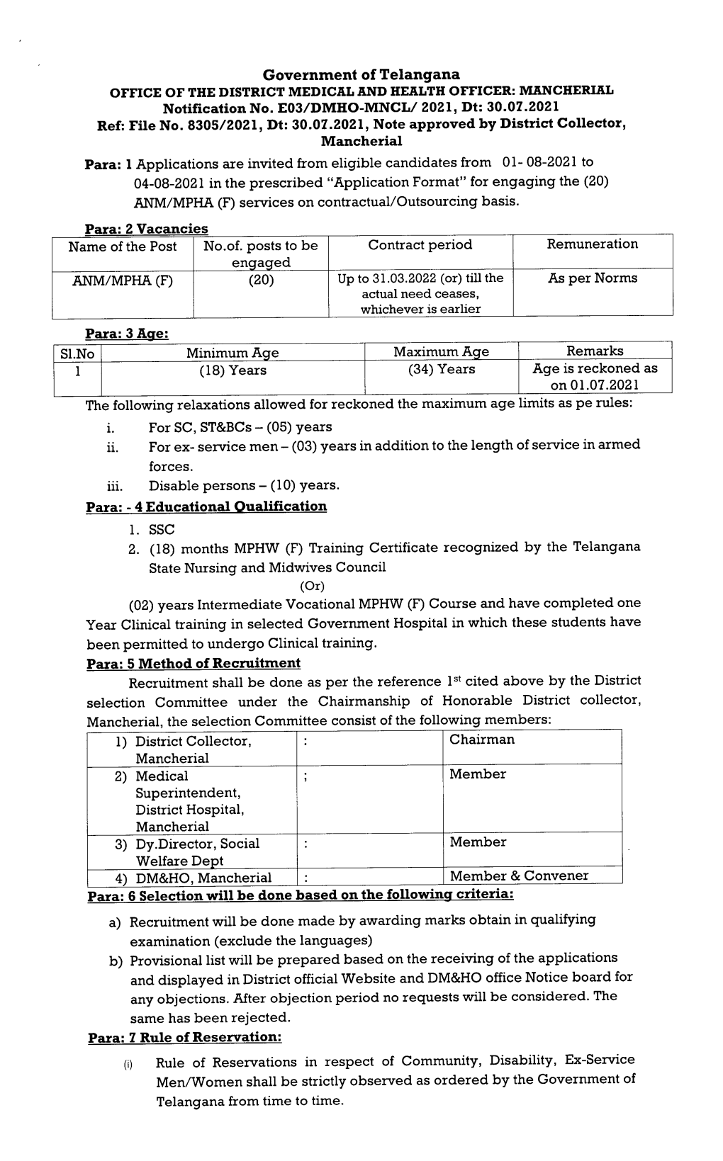 Government of Telangana OFFICE of the DISTRICT MEDICAL and HEALTH OFFICER: MANCHERIAL Notification No