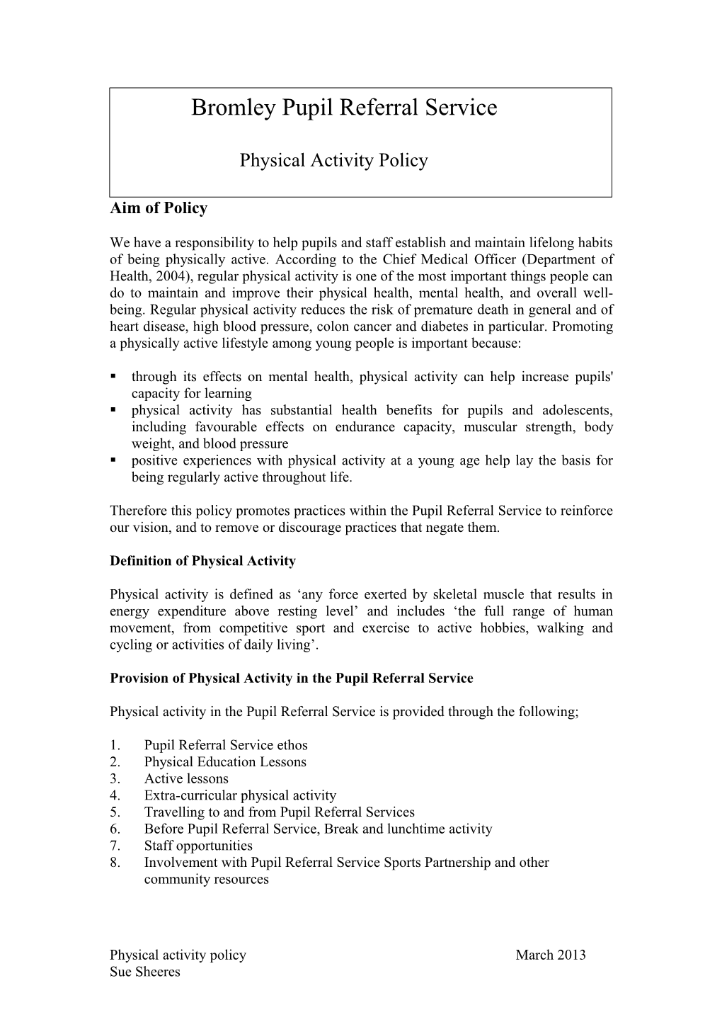 Sample School Physical Activity Policy