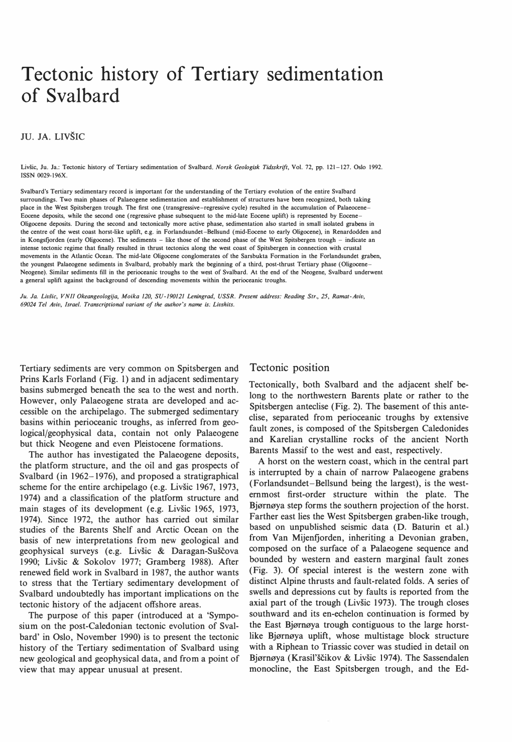 Tectonic History of Tertiary Sedimentation of Svalbard