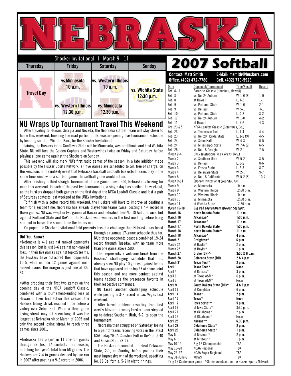 2007 Softball Contact: Matt Smith E-Mail: Msmith@Huskers.Com Vs.Minnesota Vs