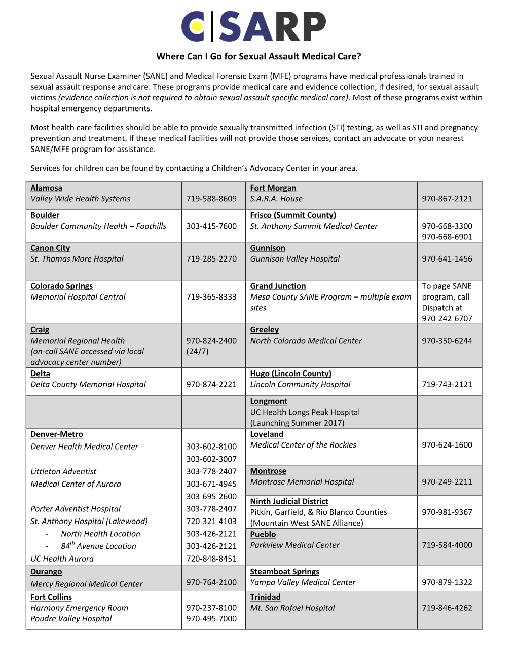 Sexual Assault Nurse Examiner Locations in Colorado