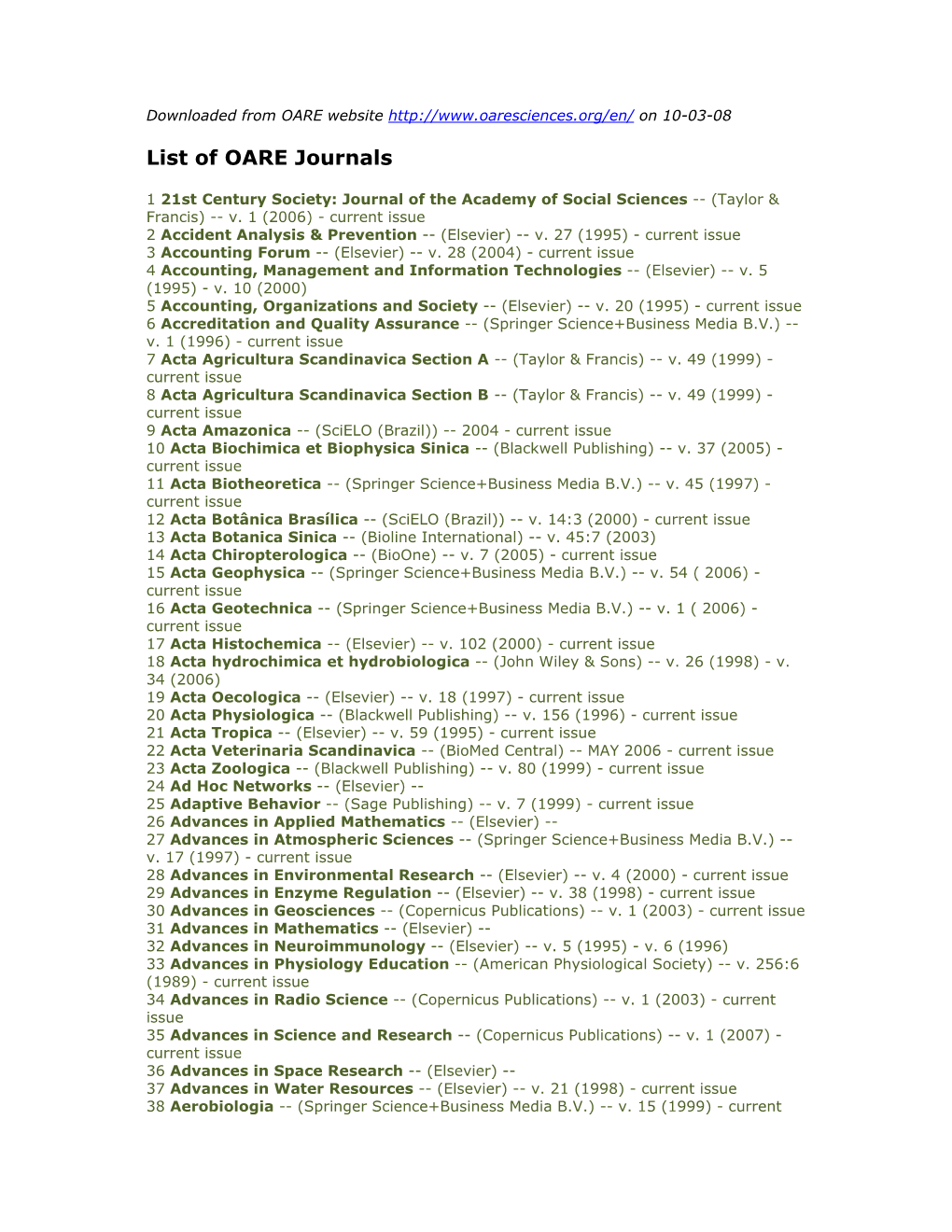 List of OARE Journals