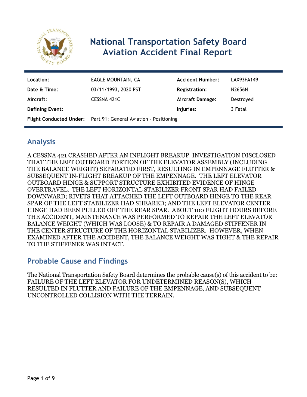 National Transportation Safety Board Aviation Accident Final Report