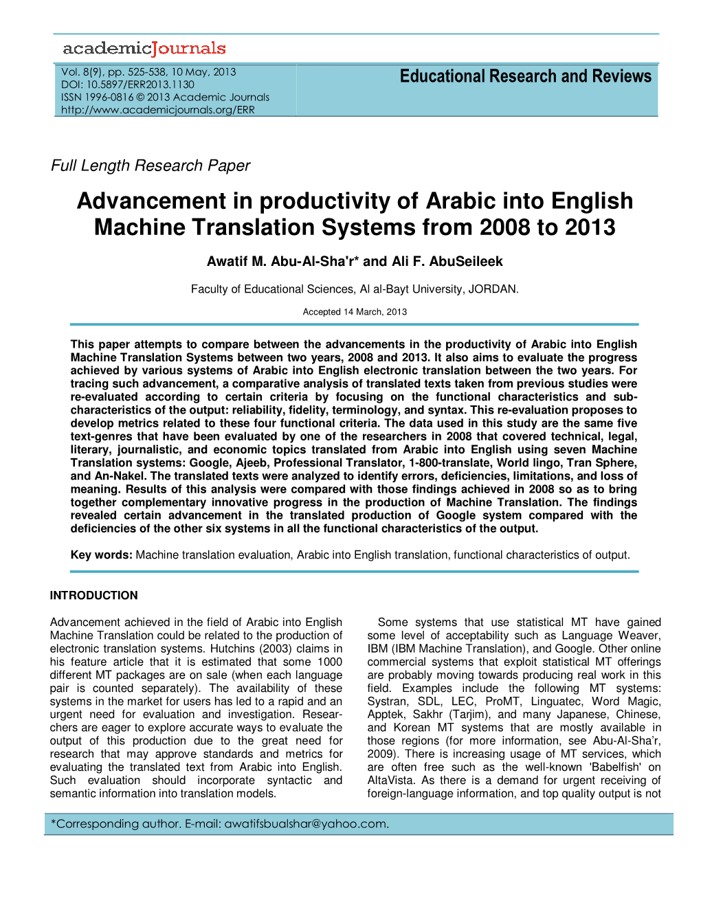 Advancement in Productivity of Arabic Into English Machine Translation Systems from 2008 to 2013